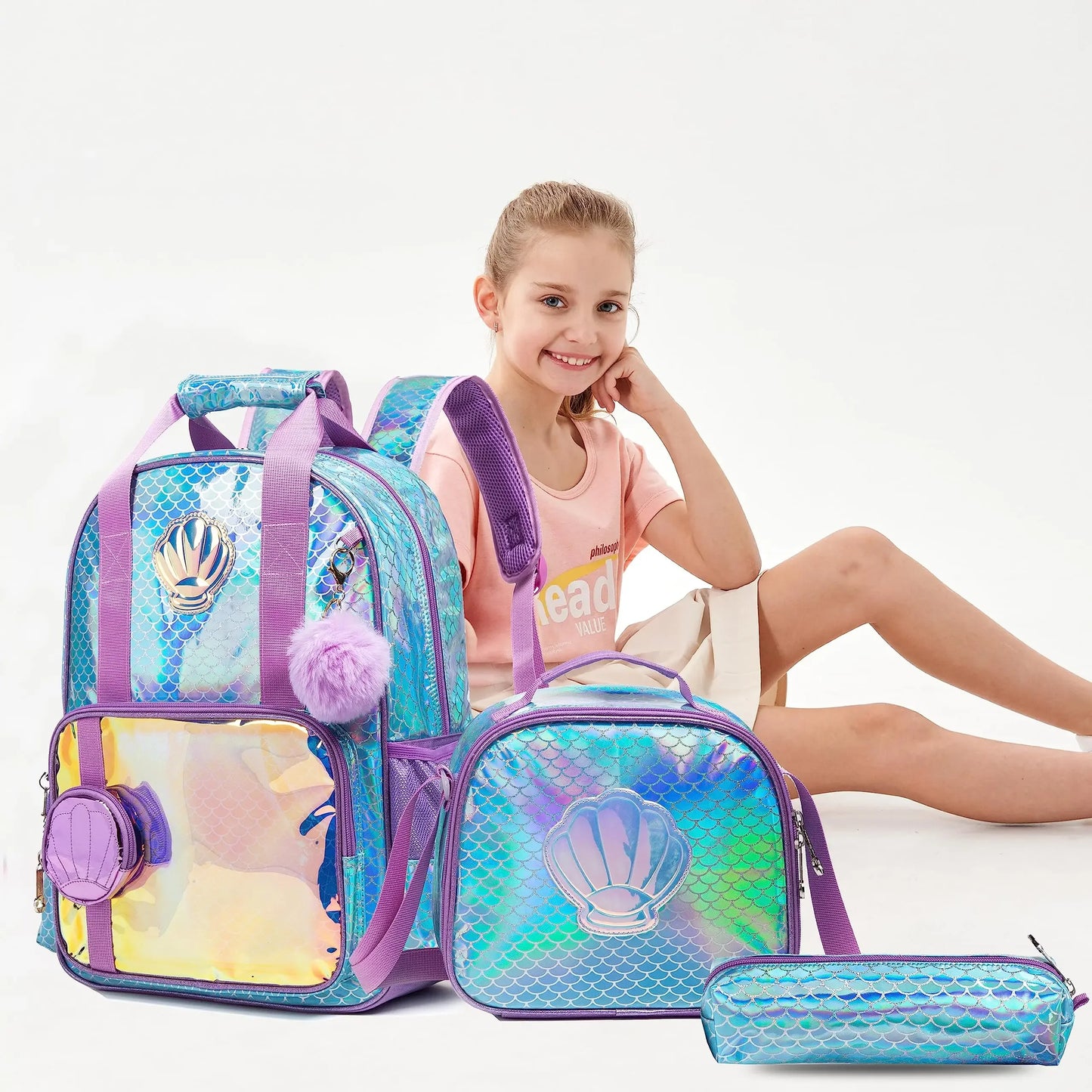 BIKAB  Bookbag for Girls Backpack for Girls rainbow and star School Bag with Lunch Box Set for Kindergarten Glitter Sequin