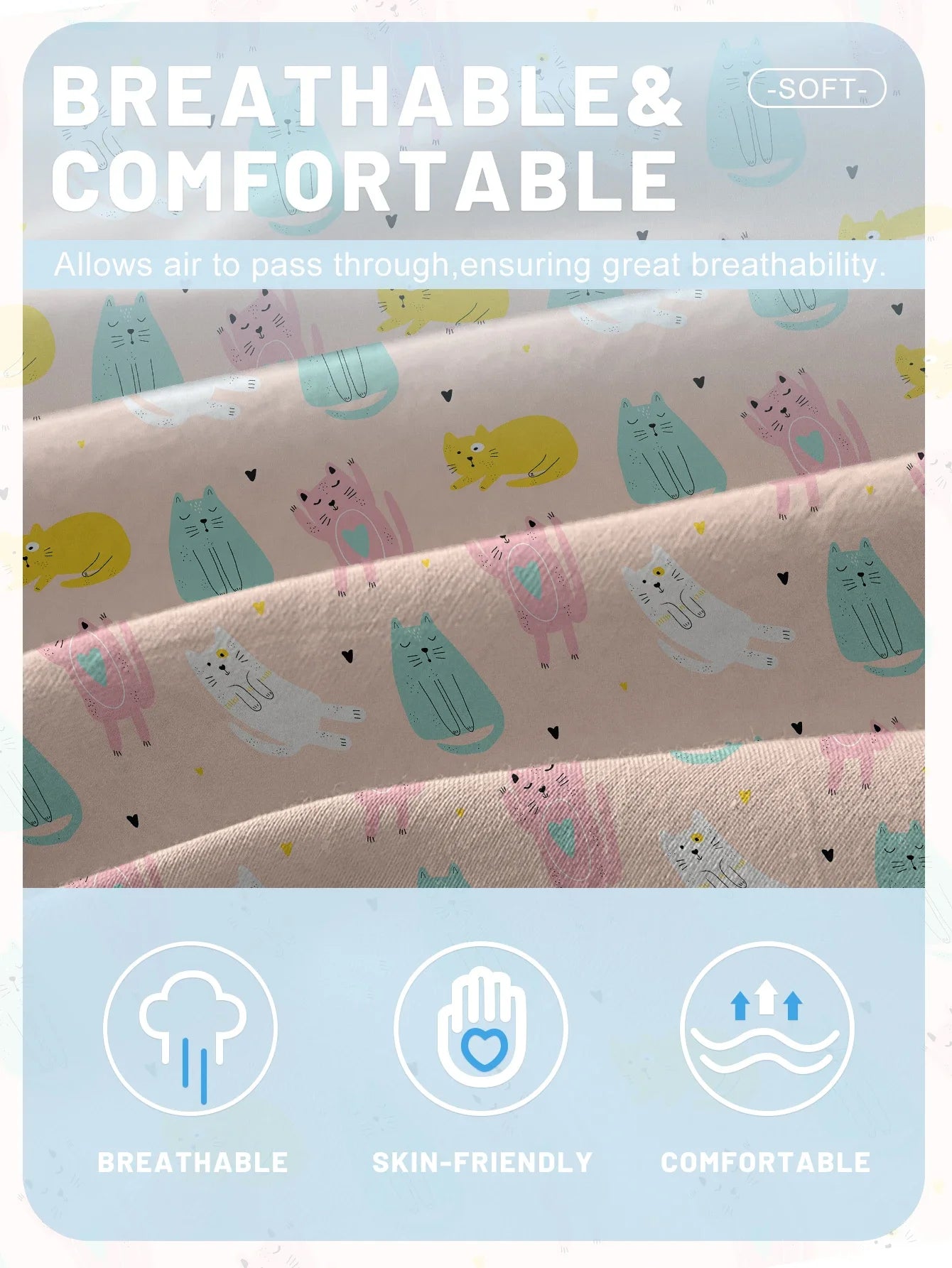 1 Cartoon Cute animal Cat Printed Matte Fitted Sheet, Bedroom Printed Bed Cover, Bedding (Excluding Pillowcases)