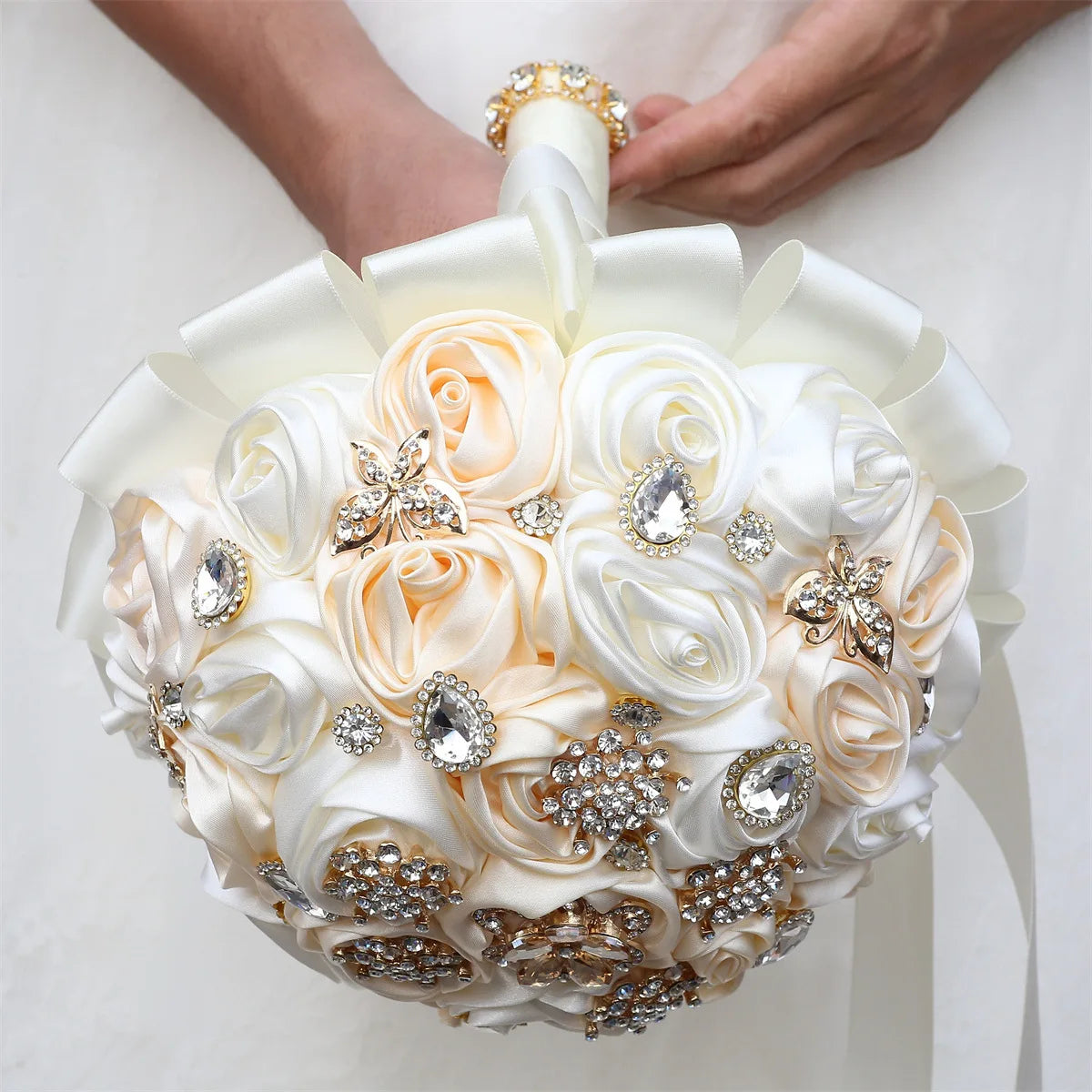 Tejesa Ivory Champagne Bridal Wedding Bouquet with Crystal Artificial Silk Rose Flower Bouquet for Quinceanera Bride Wedding
