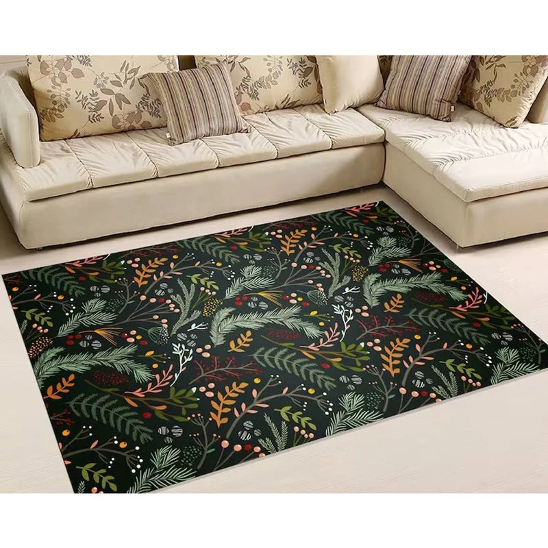 Hemasa Winter Rug/ Dark Forest Leaf Carpet/ Rug, Cozy Greenery Botanical Rug/ Festive Christmas Rug