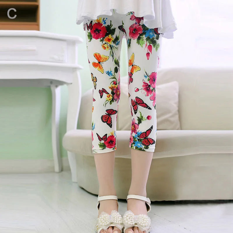 Hemasa 3-10years Girls Cropped Trousers Floral Print Flower Kids Calf Length Skinny Pants Stretch Leggings Children All-matches Bottoms