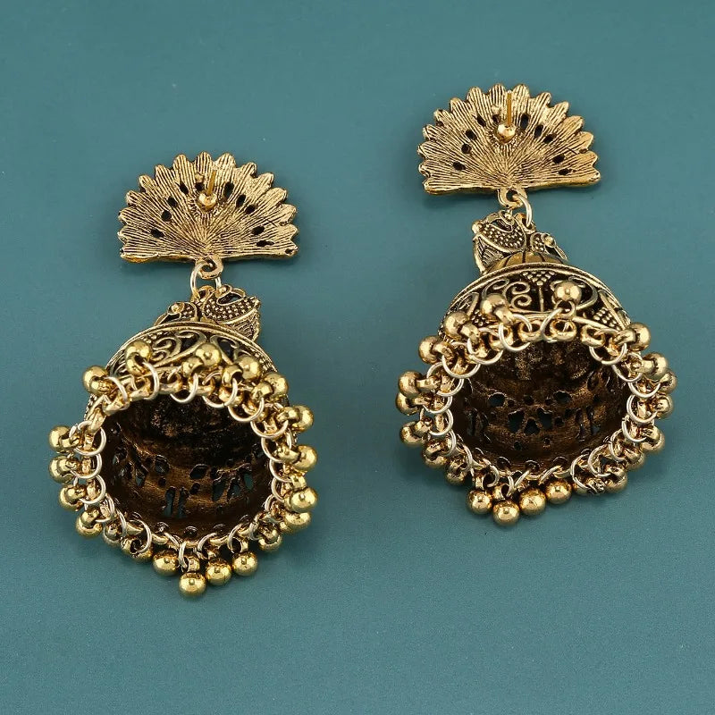 Hemasa Jhumka Earrings for Women Nepal Bohemian Jewelry Exaggerated Retro Indian Style Hollow Bell Pendant Peacock Earrings
