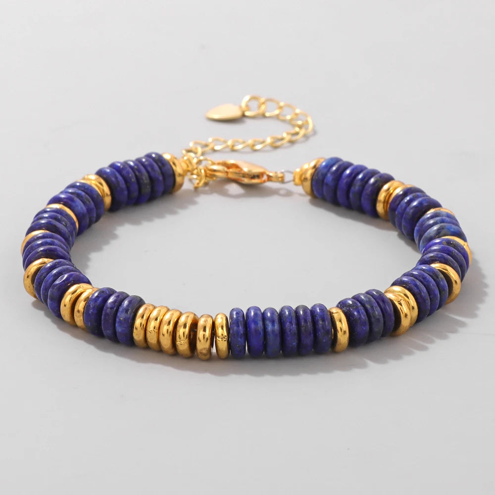 Tejesa Rondelle Natural Stone Flat Beads Bracelets For Women Men /Green Aventurine Lapis Lazuli Indian Agates Chain Bracelet Jewelry