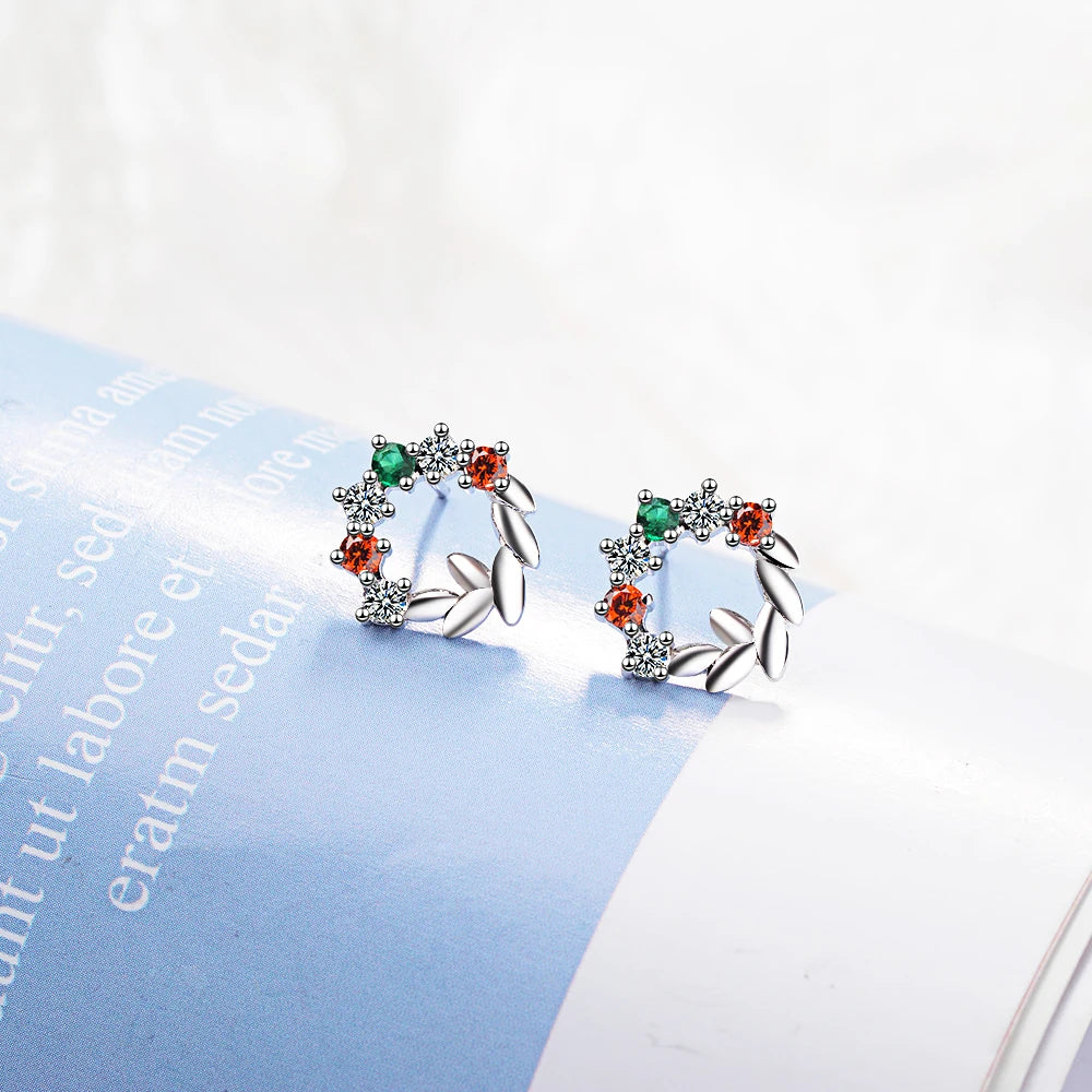 Real 925 Sterling Silver Zircon Round Crystal Leaves Stud Earrings Gold Color Fine Jewelry For Women Accessories