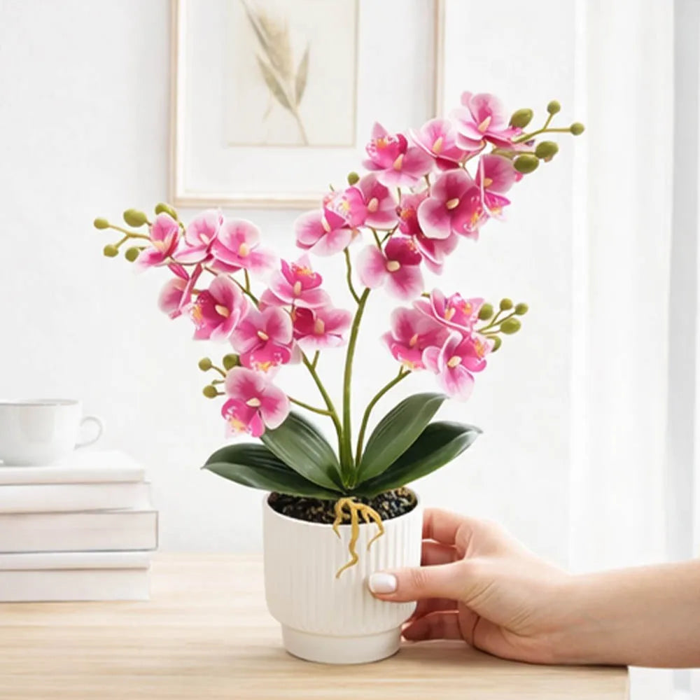 16'' Artificial Phalaenopsis Fake Flower Bonsai Desktop Faux Orchid in Pot for Home Living Room Kitchen Office Indoor Decoration