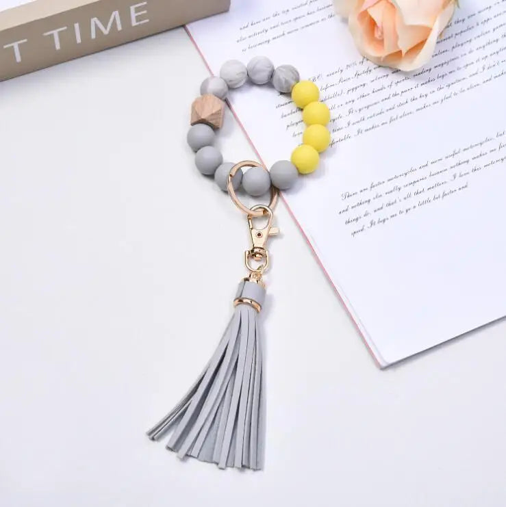 Tassel Wood Silicone Bead Bracelet Key Chain Female Women Hot Selling Bracelet Key Ring Wrist Bangle Keychains Accessory
