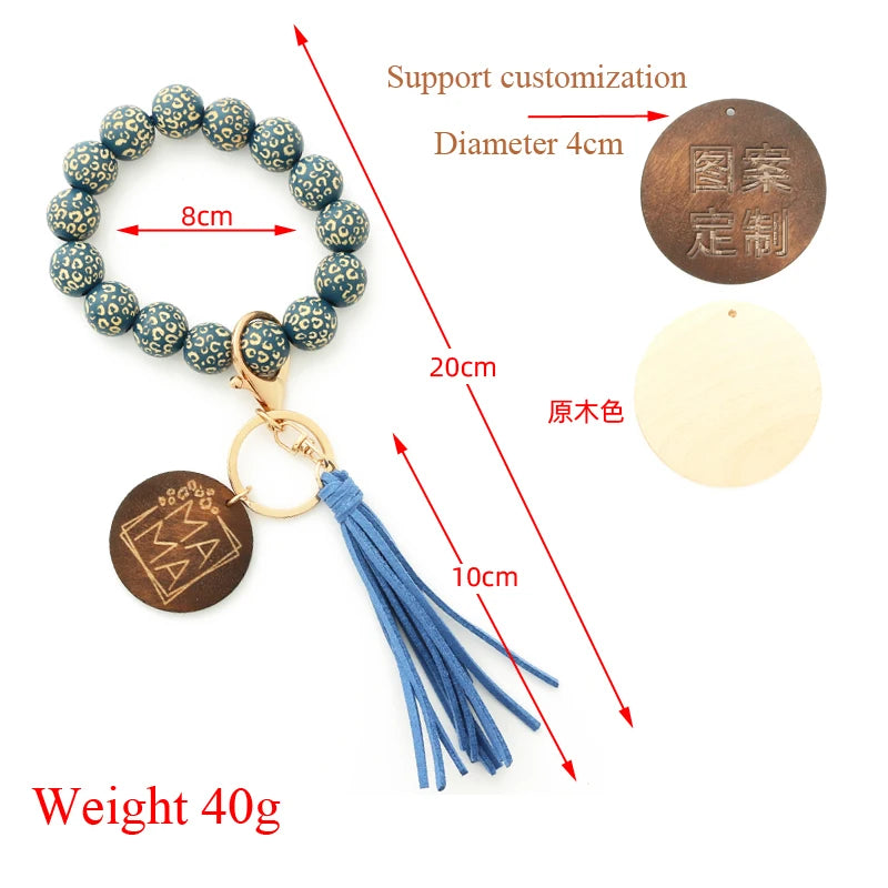 Hemasa Silicon Beads MAMA Monogram Wood Blank Wooden Disc Bracelet Tassel Keychain Wristlet Gift for Her Key Ring