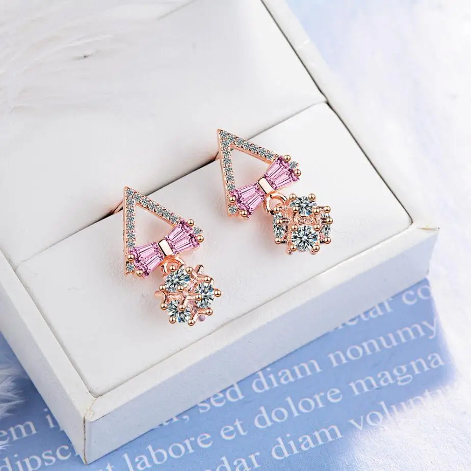 Charming 925 Sterling Silver Ultra-flash Zirconia Geometric Triangle Bowknot Earrings For Women Gift oorbellen S-E815