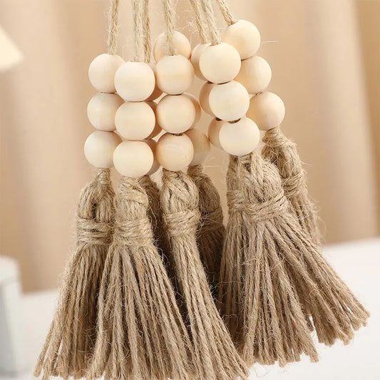 5pcs Jute Tassel with 3 Wood Beads Retro Country Bead String Twine Fringe for DIY Crafts Tassels Home Wedding Party Decor