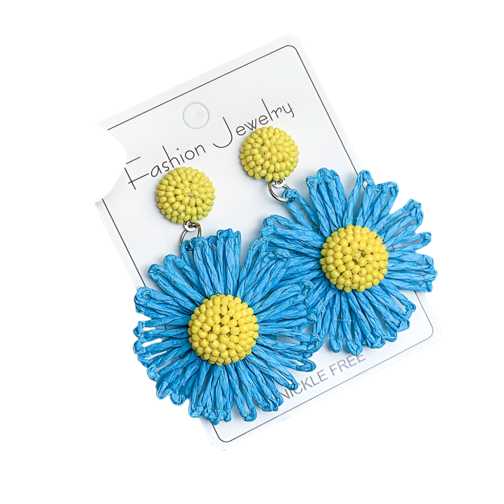 Hemasa Handmade Sun Flower Raffia Bead Earrings For Women/ Girl / Bohemian  Colorful Rattan Knit Earrings
