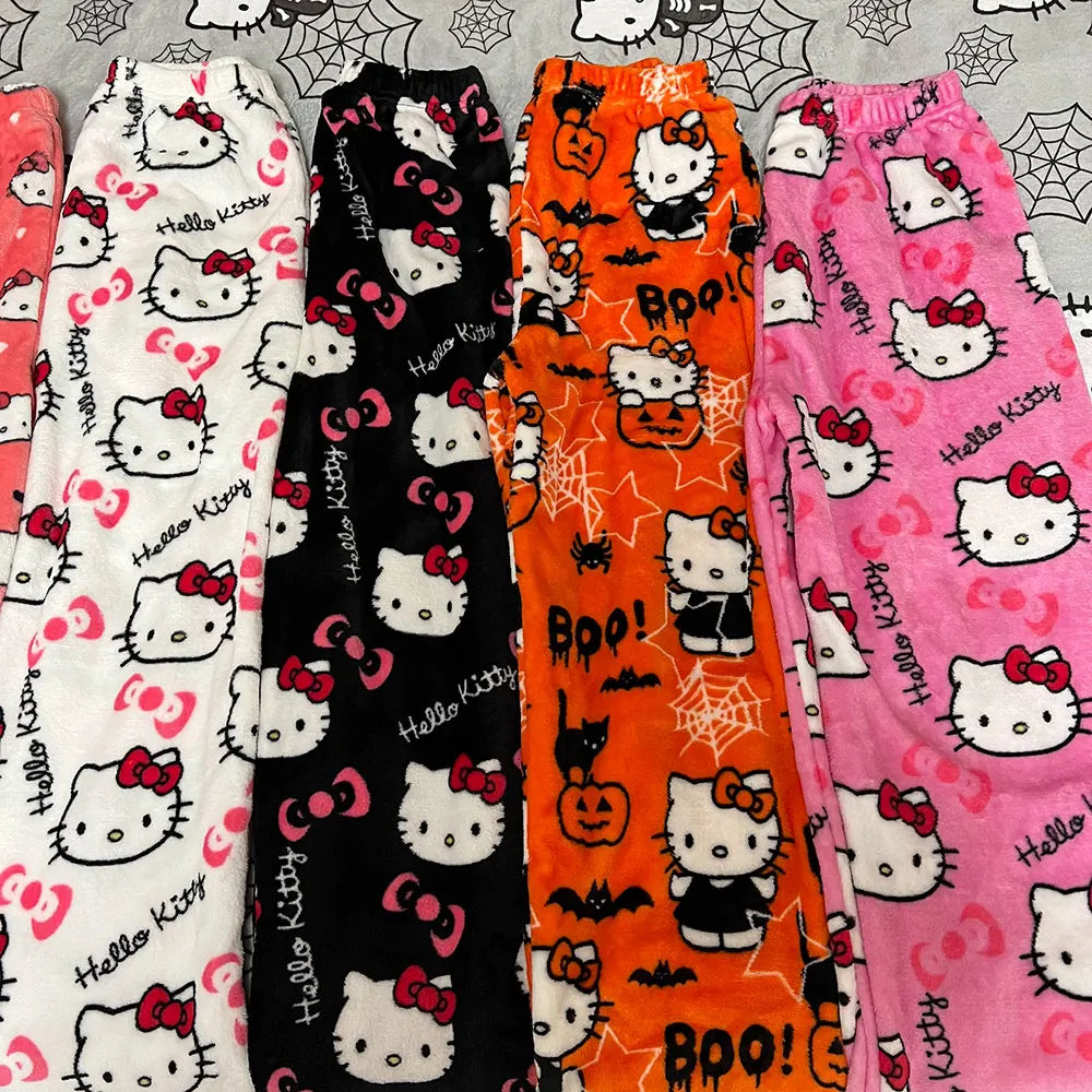 Hemasa  Hello Kitty Flannel Pajamas Black Women'S Warm Woolen Cartoon Casual Home Pants In Autumn Winter Fashion Trousers