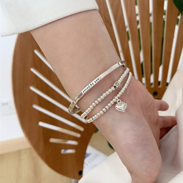 MEETSOFT 925 Sterling Silver Ball Heart Geometry Bracelets for Women Girl Minimalist Elegant Temperament  Fine Jewelry Gift
