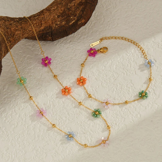 Nextvance Fashion Trendy Stainless Steel Steel Colorful Floral Chain Bracelet Necklace Set Waterproof Charm Jewelry Set For Wome
