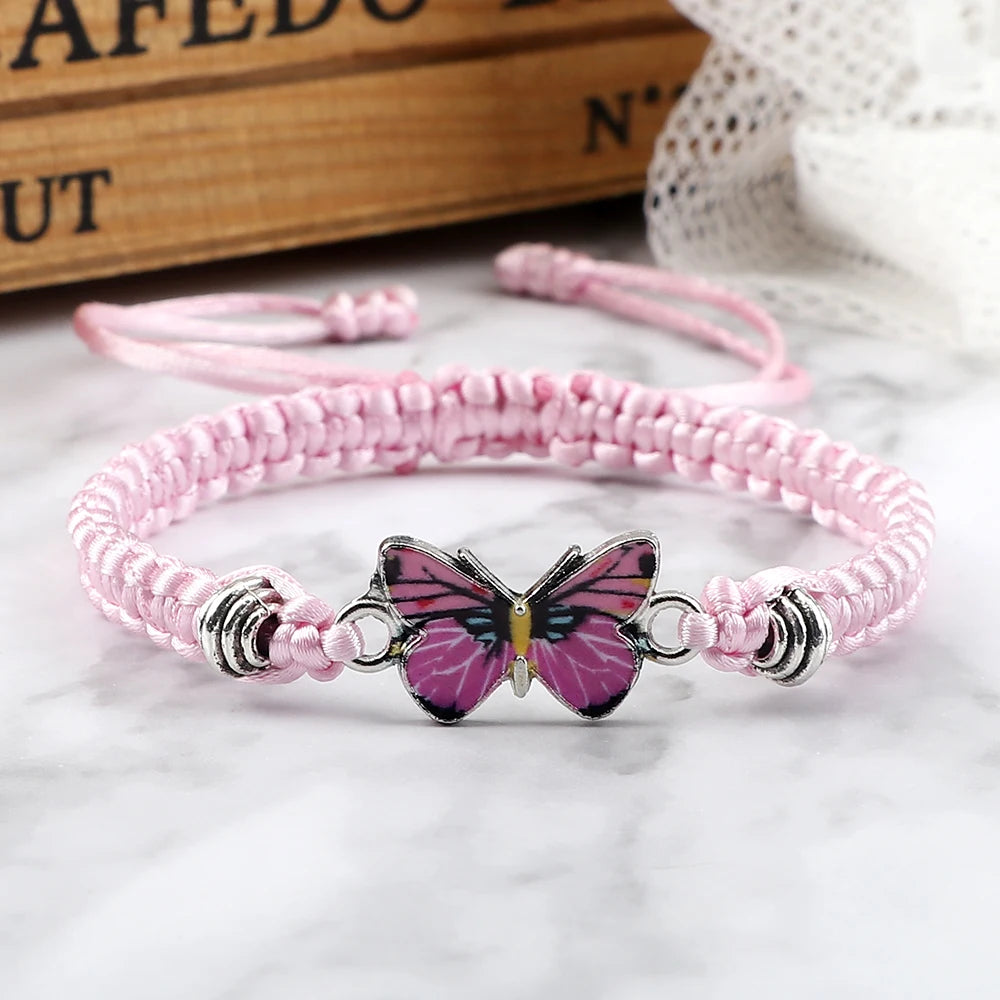 Women Pink Butterfly Pendant Bracelets Female Black White String Rope Braided Bracelet Bracelet Handmade Adjustable Jewelry Gift