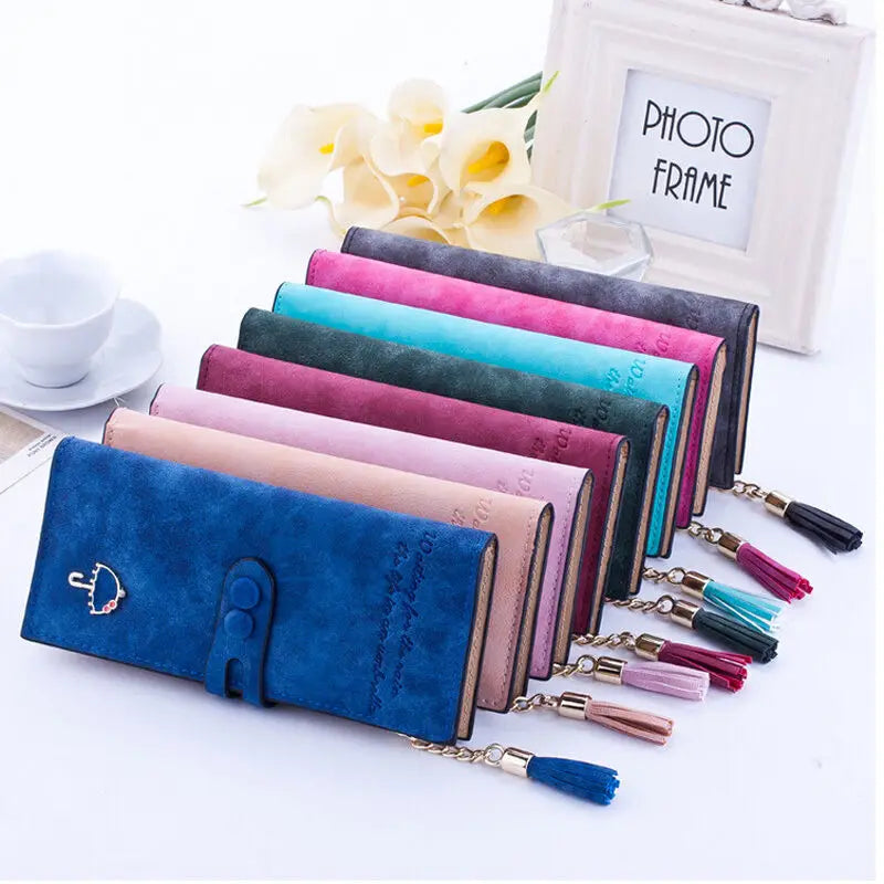 Hemasa Women Wallet Lady Clutch Leather Frosted Tassel Female Wallets Long Length Card Holder