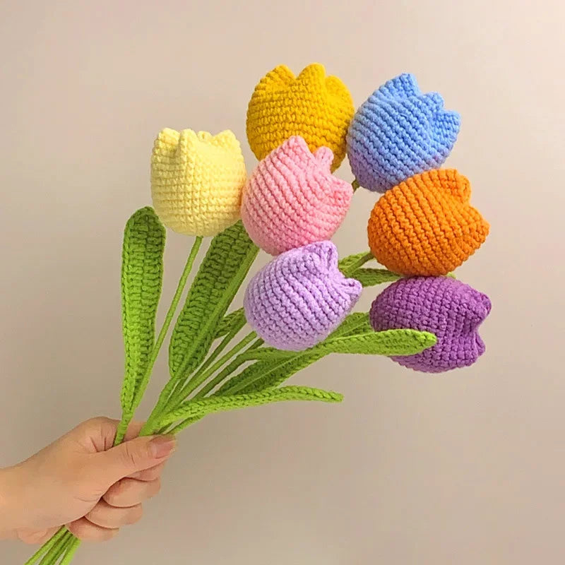 Hemasa 3Pcs  Cute Knitted Tulip Flower Creative Crochet Tulip Artificial Bouquets Graduation Flower Bouquet Wedding Friends Gift