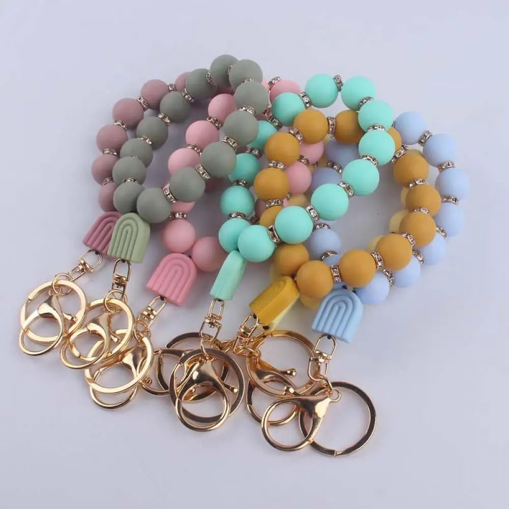 Fashion Food Grade Colorful Rainbow Silicone Bead Keychain For Women Lobster Clasp Bracelet Key Chain Schoolbag Car Key Jewelry