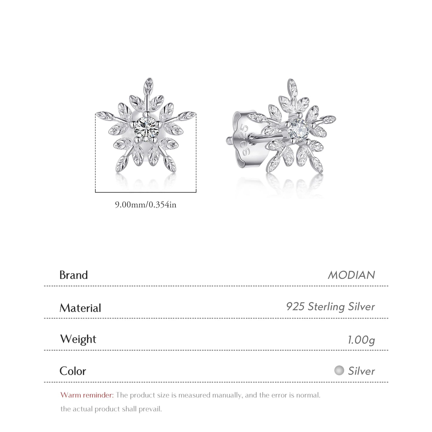 Modian Real 925 Sterling Silver White Snowflake Stud Earrings Cubic Zirconia Jewelry For Women Fashion Sterling Silver Earrings