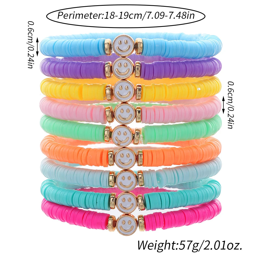 Hemasa 9 Color Enamel Smile Face Charm Bracelet For Girl/ Multicolor Polymer Clay Flat Beads Bracelet Set for Women