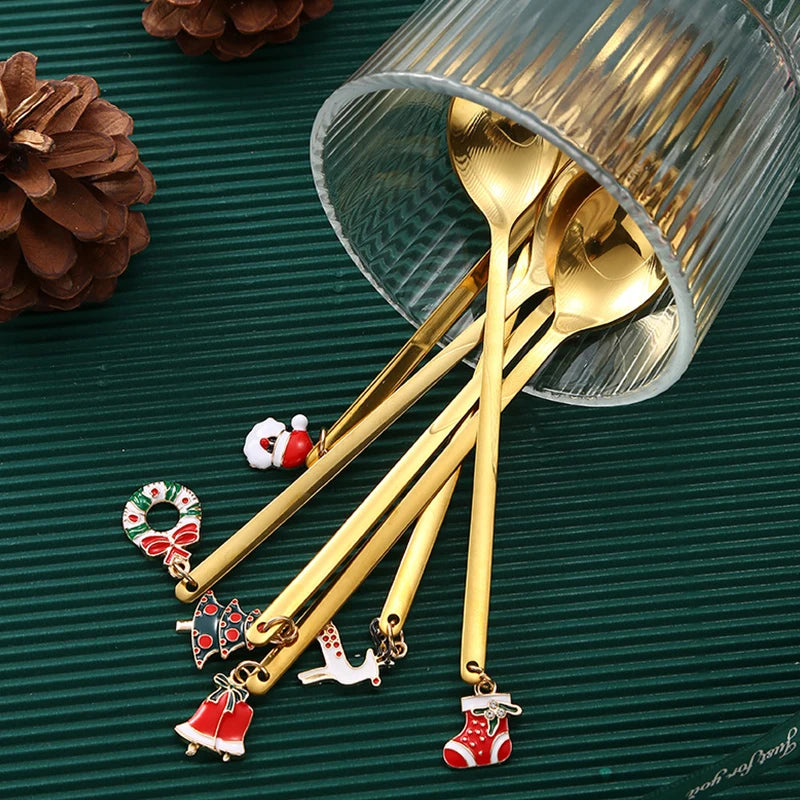 6PCS Christmas Spoons Coffee Cutlery Set Stainless Steel Cutlery Set Dessert Spoon Forks Christmas Gifts Elk Christmas Decoratio