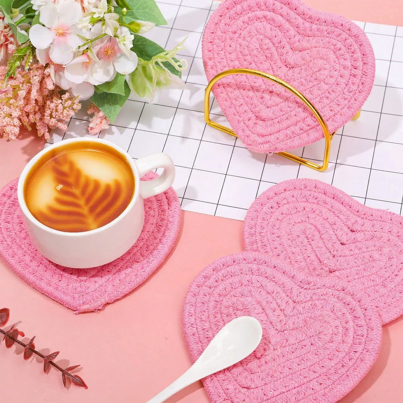 Tejesa  2Pcs Hand-woven Heart-Shaped Coaster Anti-Slip Table Mat /Handmade Cotton Linen Pot Pads