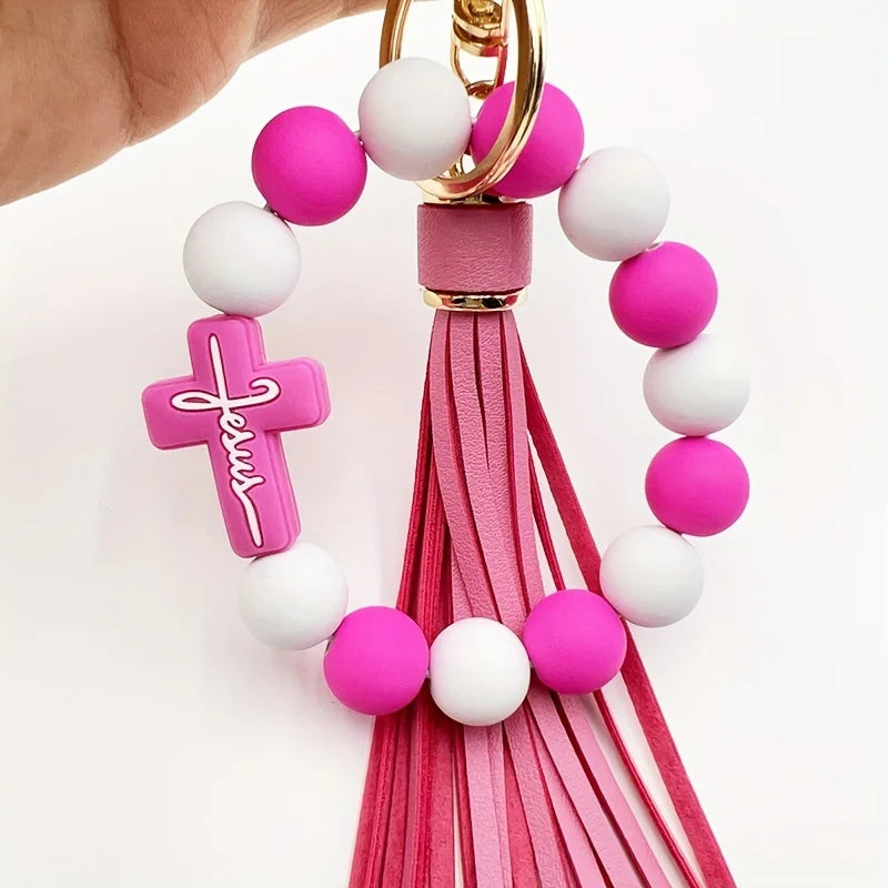 Hemasa One Cross Silicone Rubber Paint Round Bead Bracelet Keychain