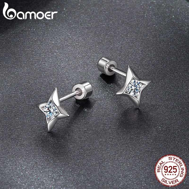BAMOER Starlight Moissanite Screw-back Earrings, Mini Starburst Round Cut Lab Created Diamond for Women Engagement Gift S925