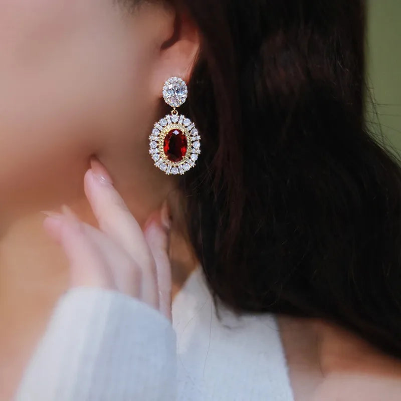Tejesa Huitan Unique Oval Red Cubic Zirconia Drop Earrings Luxury Gold Color Accessories for Women Anniversary Party Statement Jewelry