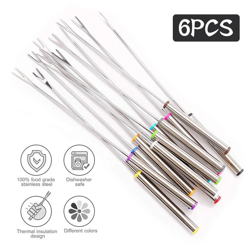 Tejesa 12Pcs Stainless Steel Chocolate Fork Cheese Pot Hot Forks Cake Fruit Dessert Fork Set Fondue BBQ Meat Skewer Kitchen Accessories