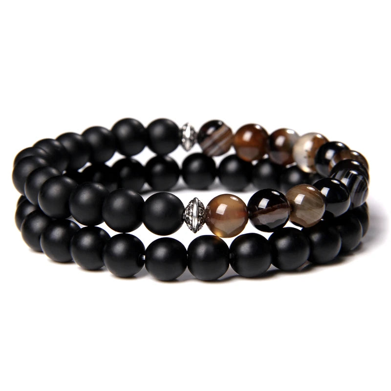 2pcs/set Beaded Bracelet Natural Stone Tiger Eye Hematite Beads Bracelet Men Energy Elastic Rope Bracelet Jewelry Couples Gifts