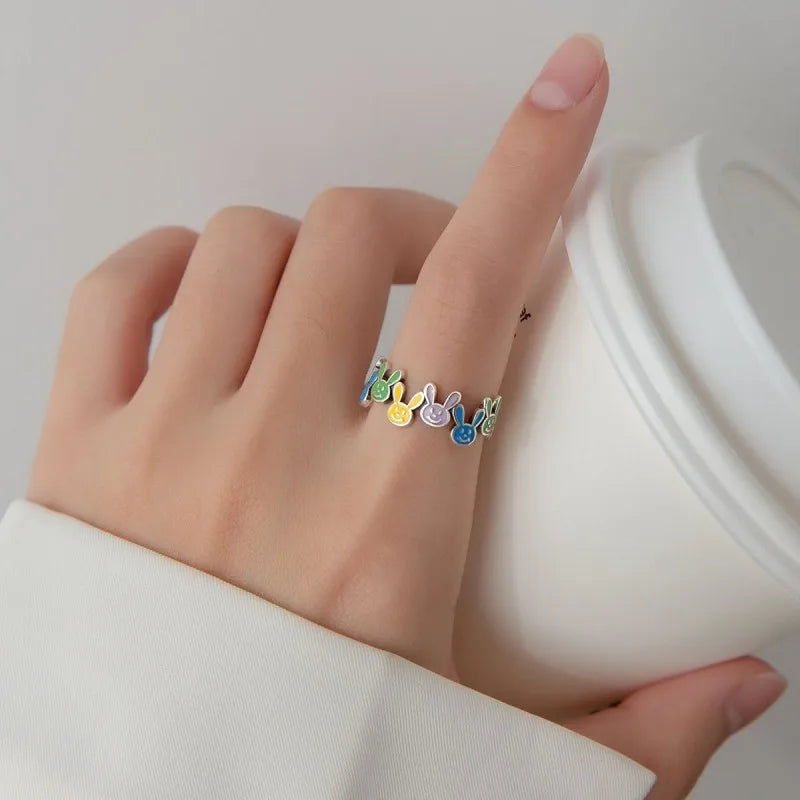 Buyee 925 Sterling Silver Cute Ring Finger Simple Candy Rabbit Animal Open Ring for Woman Girl Fashion Party Fine Jewelry Circle