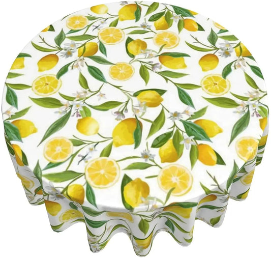 Lemon Tree Branches Flowers Leaves Round Tablecloth 60 Inch Tablecover Anti-Wrinkle Waterproof Wipeable Table Cloth Home Decor