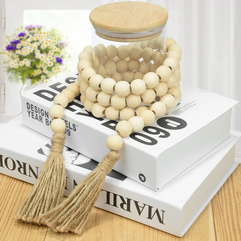 DIY Wooden Home Decoration Handmade Garland With Jute Rustic Tassel Wood Bead Garlands For Rattan Macrame Wall Hanging Boho Gift