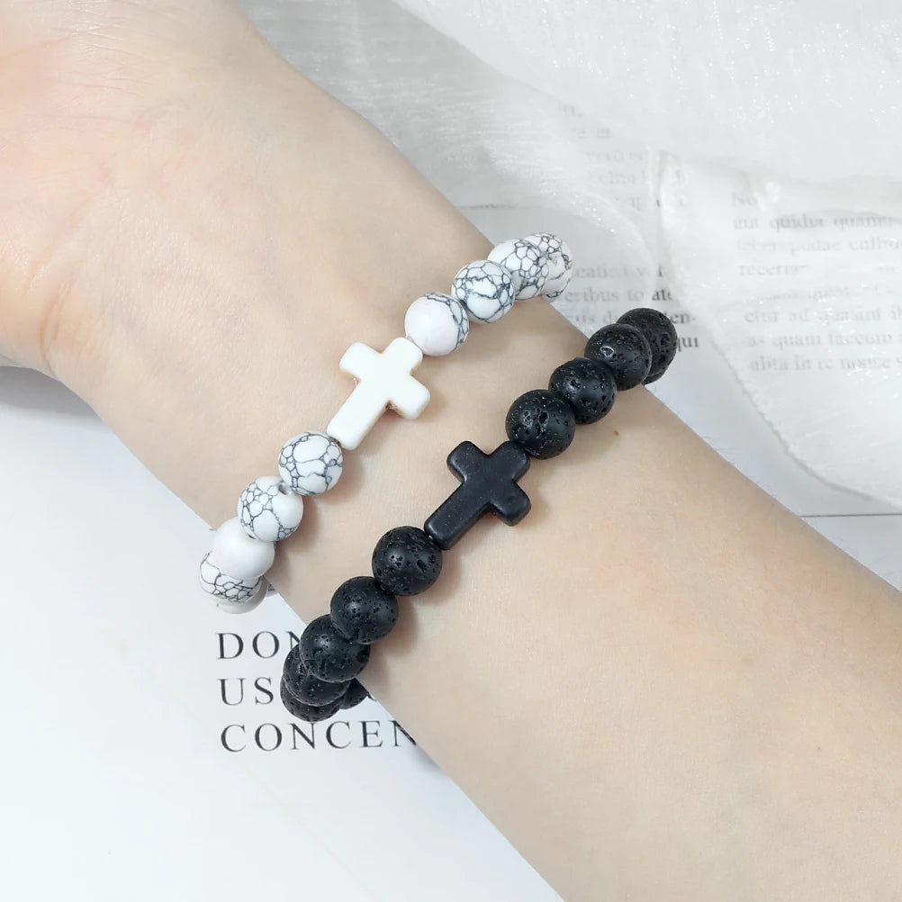 Jesus Cross Men Bracelet Natural Stone Black Lava Turquoises Onyx Beads Charm Bracelets Women Yoga Bangles Prayer Jewelry Gifts