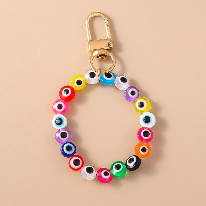 Aihua Colorful Round Evil Eyes Beaded Keychain For Couple Lover Boho Turkish Lucky Blue Eye Key Ring Bag Phone Lanyard