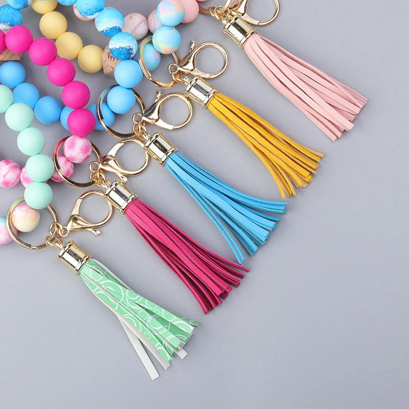 Colored Silicone Bead Bracelet PU Tassel Keychain Wristlet Bracelet Pendant Keychain Woman Man Jewelry Accessories Gifts