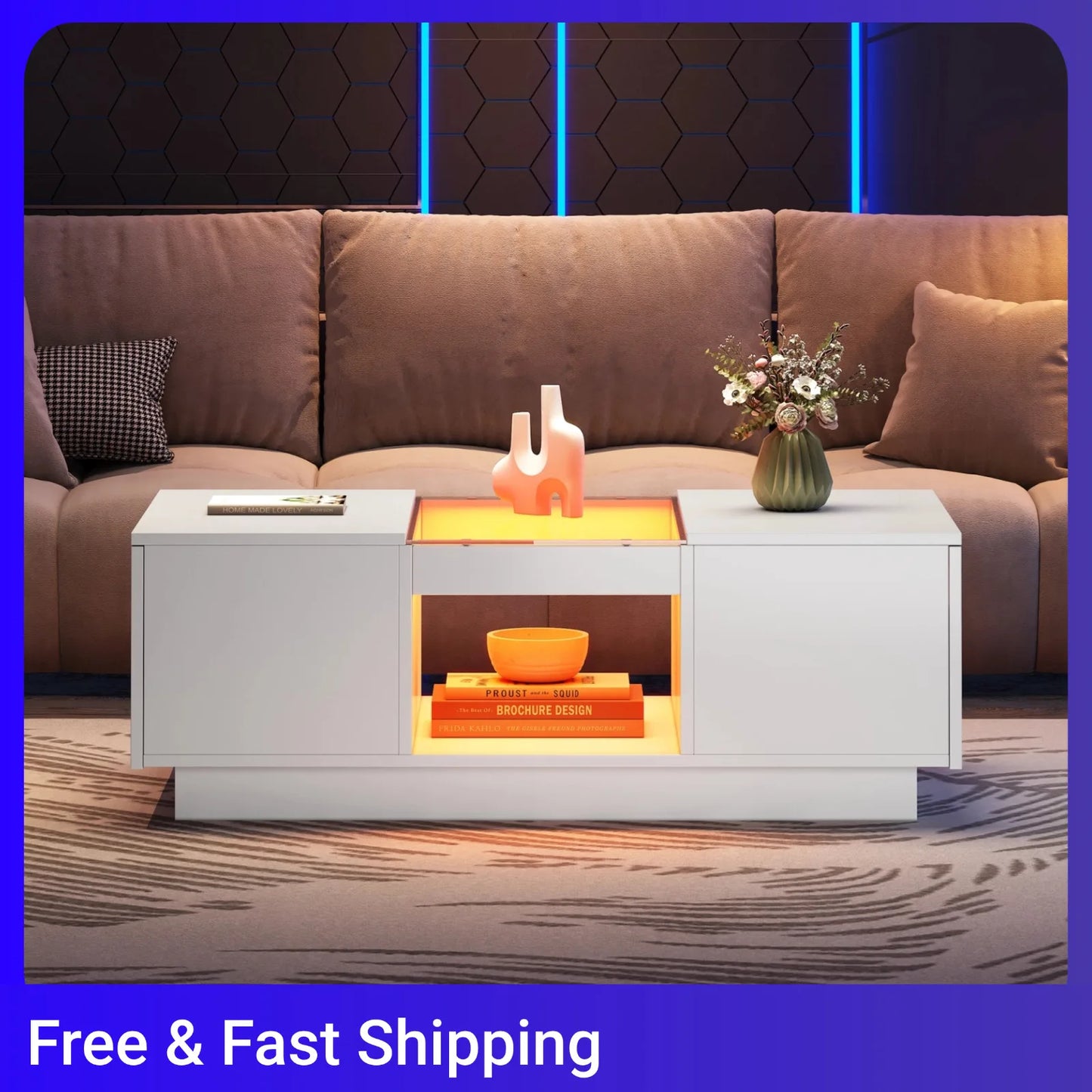 LED Lights Coffee Table For Living Room, Modern Center Table With Storage, 2 Tiers And 2 Drawers, Large Living Room Center Table