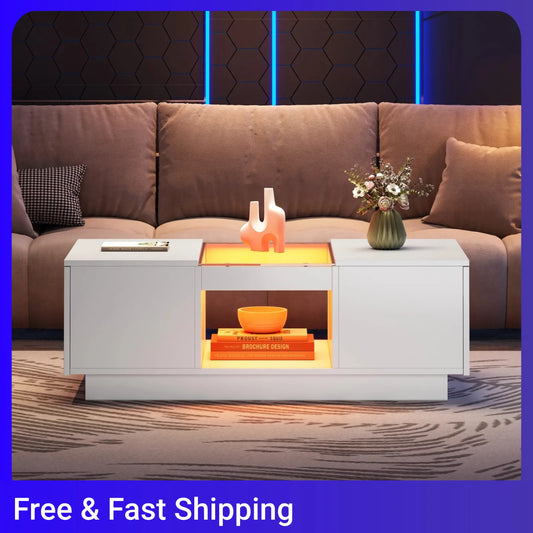 LED Lights Coffee Table For Living Room, Modern Center Table With Storage, 2 Tiers And 2 Drawers, Large Living Room Center Table