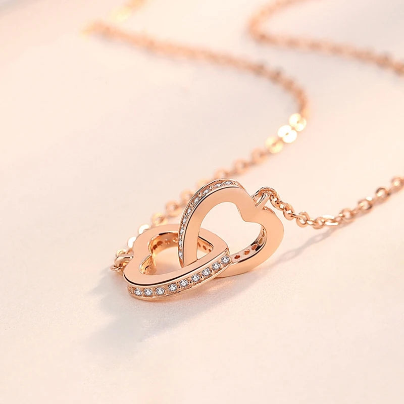 Hot Sale Fashion Double Love Heart Zircon Pendant Necklace 925 Sterling Silver Rose Gold Rhinestone Necklaces Women Jewelry Gift