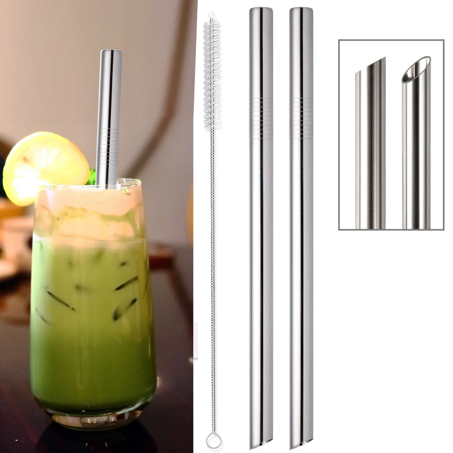 2 Pcs Jumbo Reusable Boba Straws, 0.5" Wide Stainless Steel Metal Straws for Bubble Tea/Tapioca Pearl, Milkshakes,Smoothies