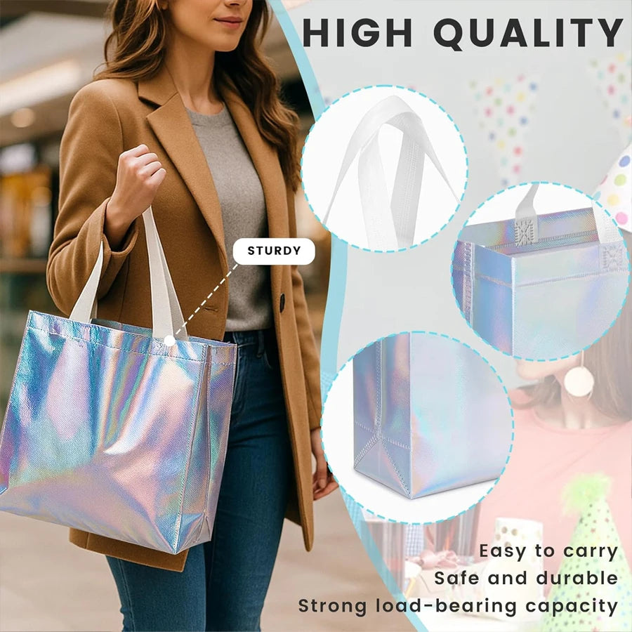 Tejesa Glossy Rainbow Gift Bag 6/12Pack, 12.6x4x10.6 Inch Reusable with Handles & Base for Birthday Wedding Christmas Party