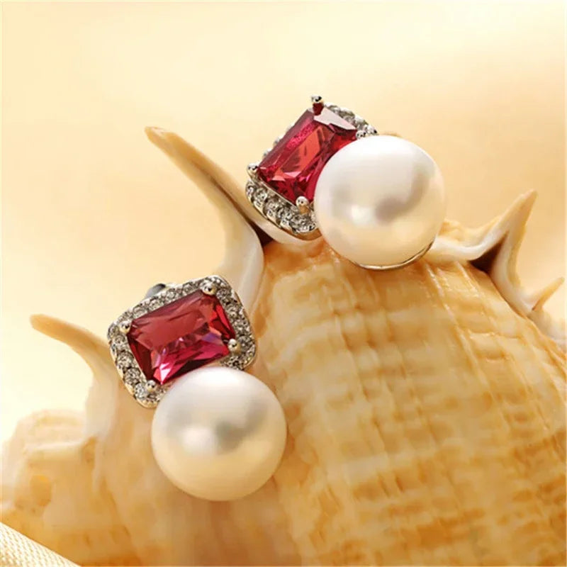 High Quality Red Zircon 925 Sterling Silver Earrings Jewelry 100% Genuine Natural Freshwater Pearl Stud Earrings for Women