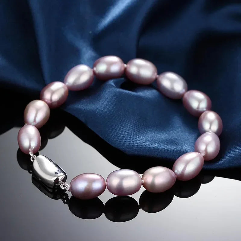 YWYC 7-8mm Natural Freshwater Pearl Bracelets 18cm Length Rice Shape White Pink Purple Bracelets for Women Jewelry Gift