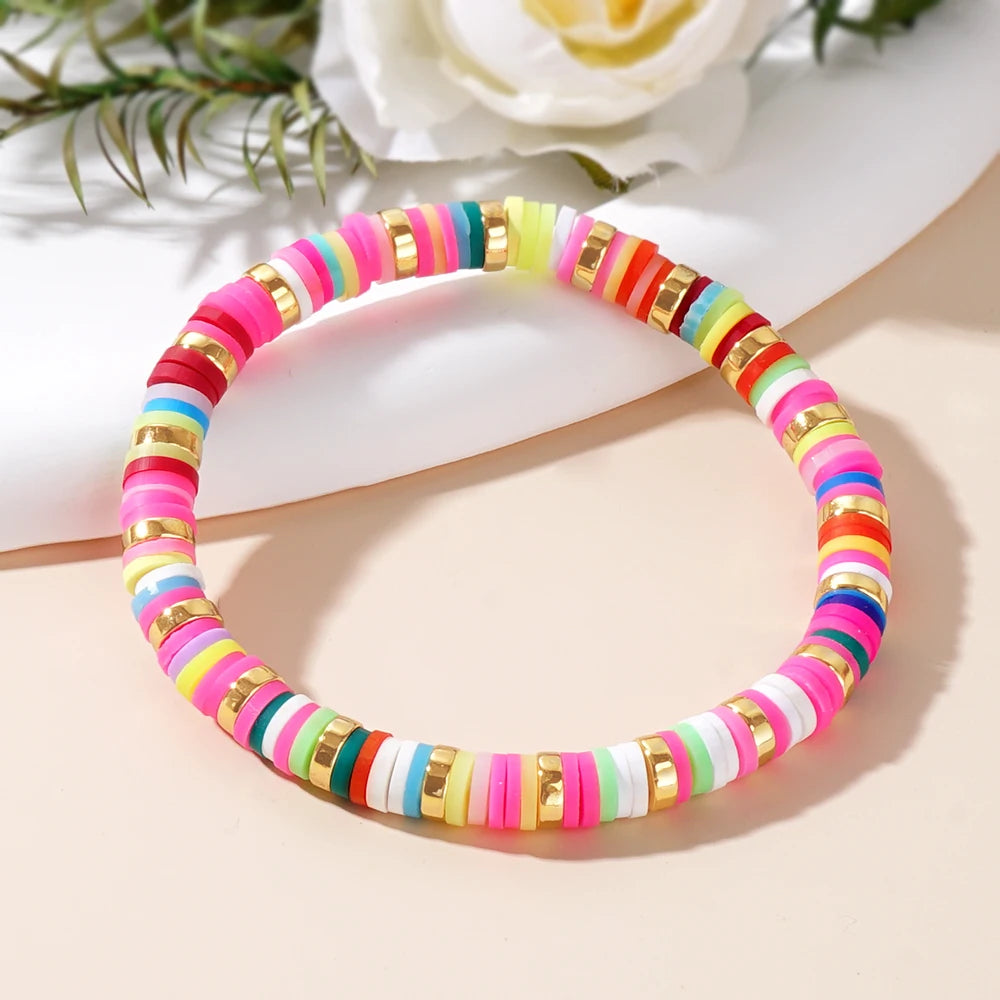 Hemasa Multi Colour  Polymer Clay  Beads Bracelet  with Gold  Disc for Women