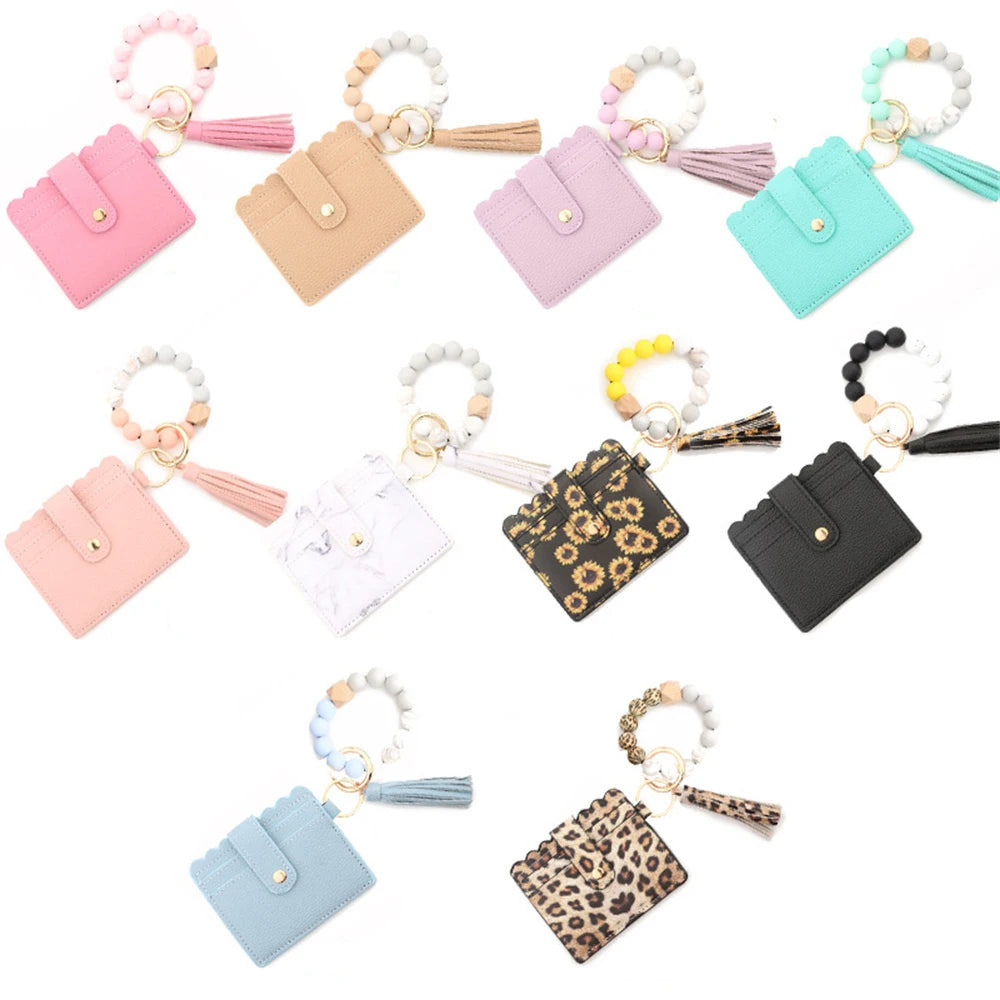 Hemasa Silicone Beads Bracelet With Leopard Print Silicone Bead Bracelet PU Tassel Womens Leather Wallet Key Wrist Keychain Pendant
