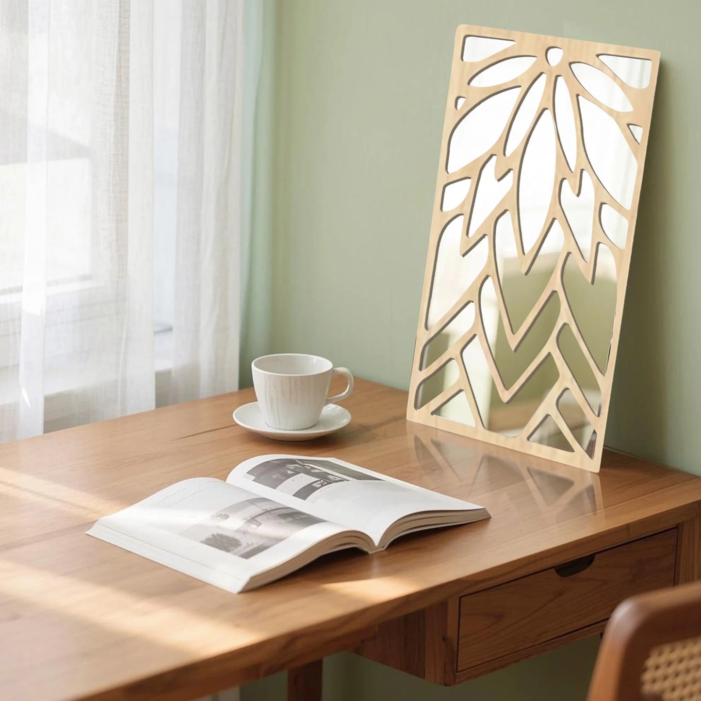 Hemasa 3Pcs 2D 16in Wooden Acrylic Double-Layer Wall Mirror Hollow Leaf Design Refined Lifestyle Artistic Home Decorative Mirror