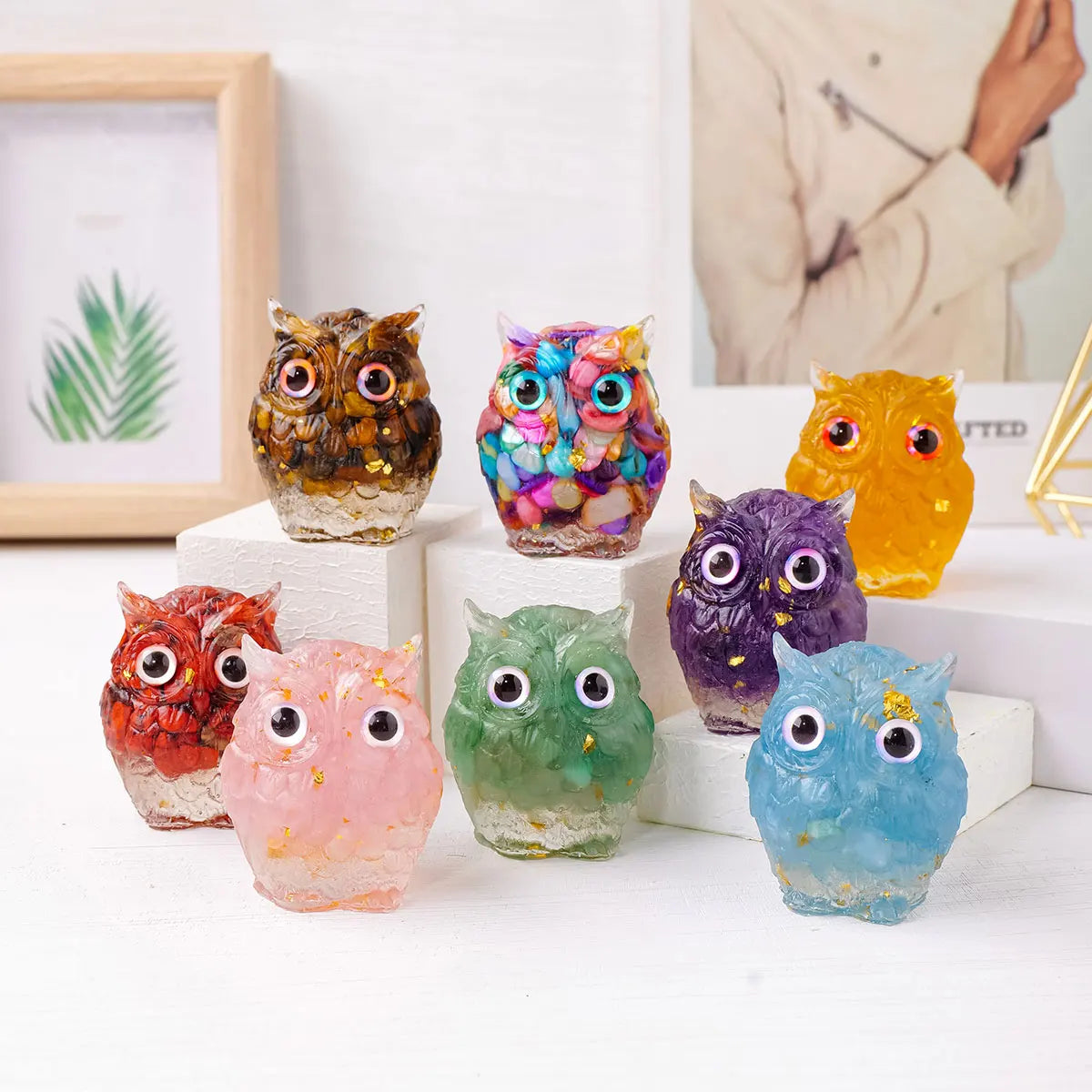 1PC Natural Crystal Macadam Owl Mini Resin Drops Cute Animal Image Reiki Healing Desktop Home Decor Crystal Crafts Small Decor