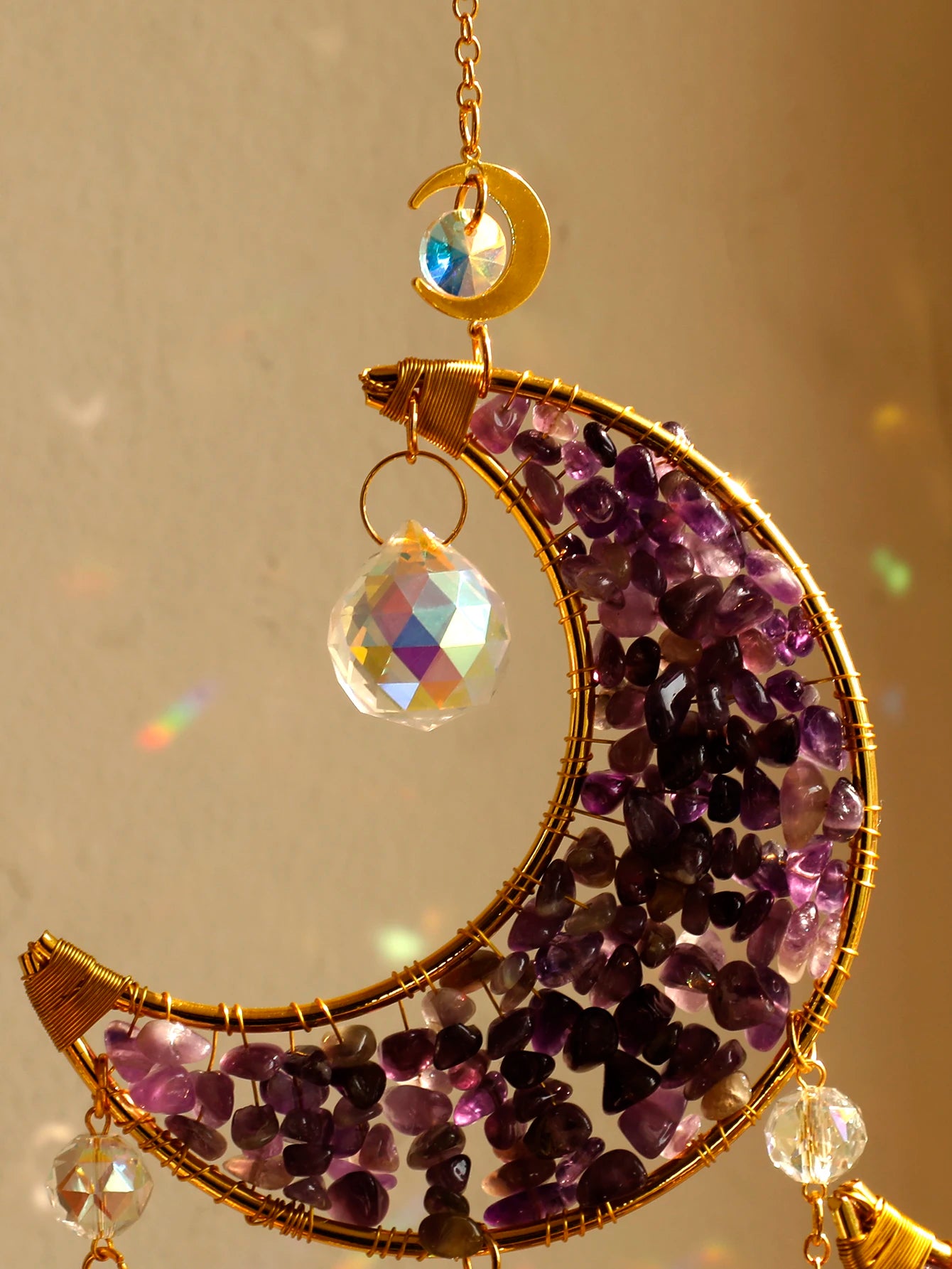 Hemasa Moon Star Crystal Suncatcher Hanging Decoration Rainbow Maker Natural Stone Light Catcher for Window Outdoor Room Ornament Gift
