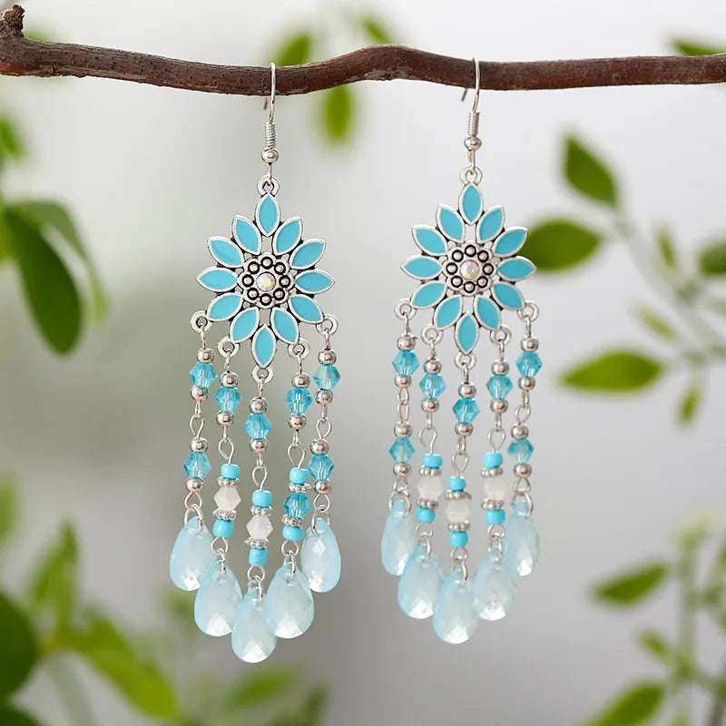 Hemasa Flower Drop Dangle Earrings For Women Enamel Crytal Geometric Jewelry Beads Handmade Tassel Earings