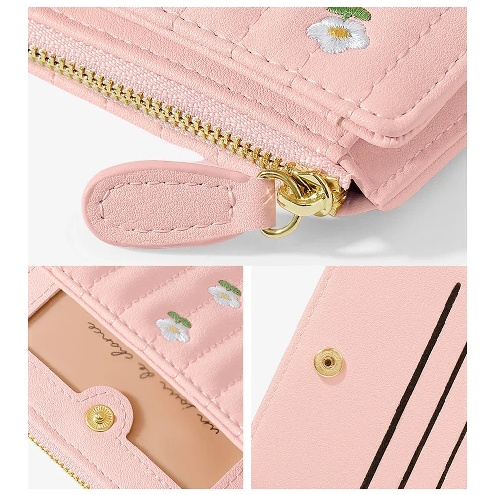 Embroidered Flowers Wallet Ladies Multifunction Id Holder Coin Card Holders Wallet Id Holder Short Wallet Cartera Porte Monnaie